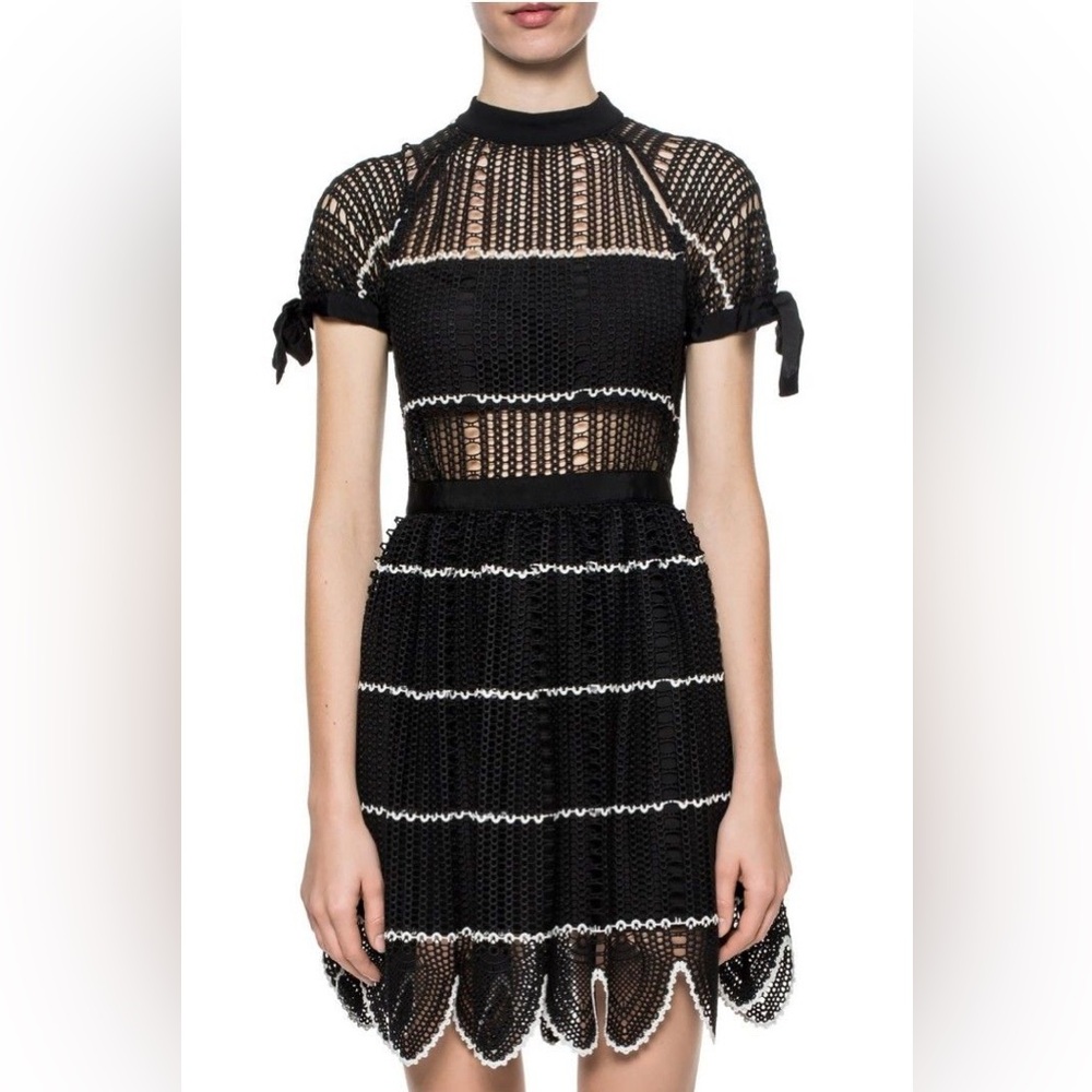 Self-Portrait Black Sheer Crochet Guipure Lace Scalloped Ruffled Hem Bow Dress 4